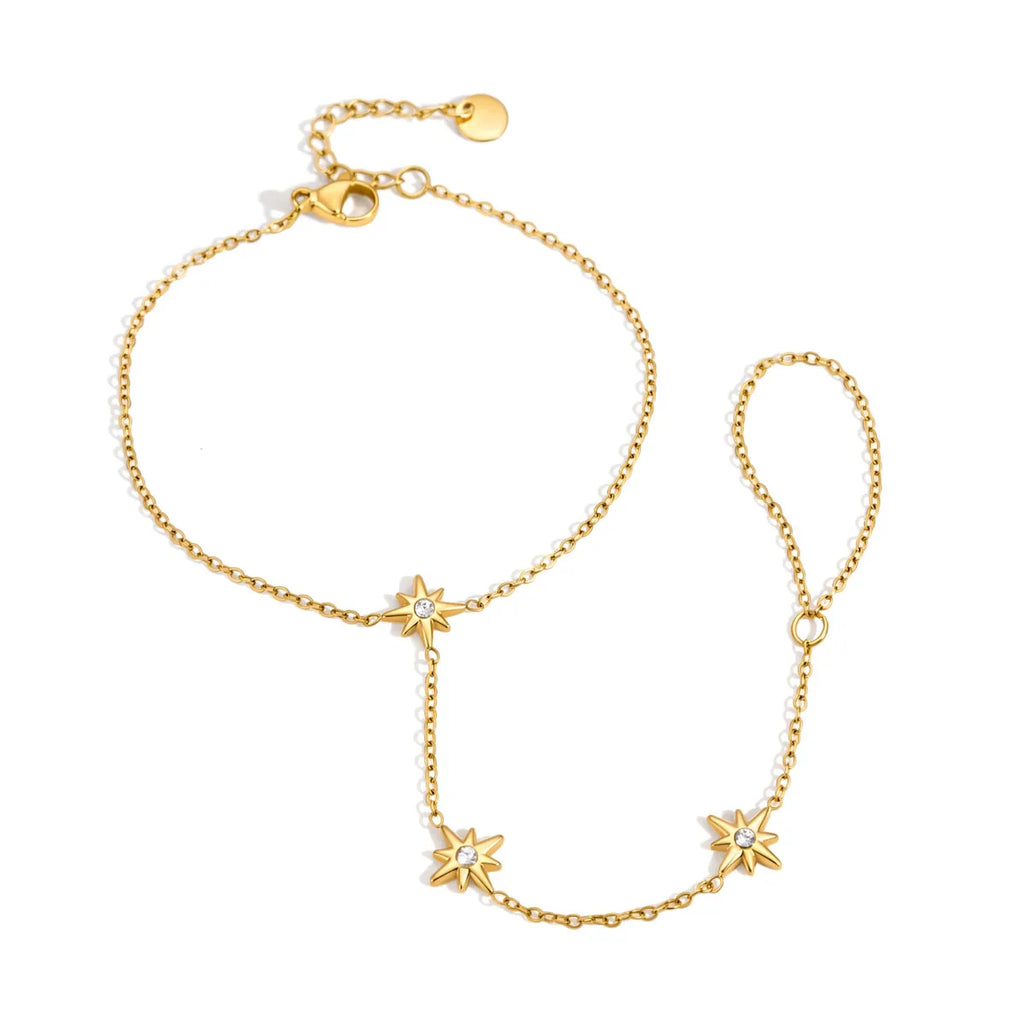 CZ Star Hand Chain Bracelet with Ring – Waterproof 18K Gold