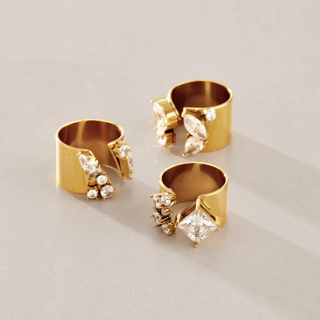 Waterproof Stainless Steel Chunky CZ Statement Ring | Gold Geometric Open Band