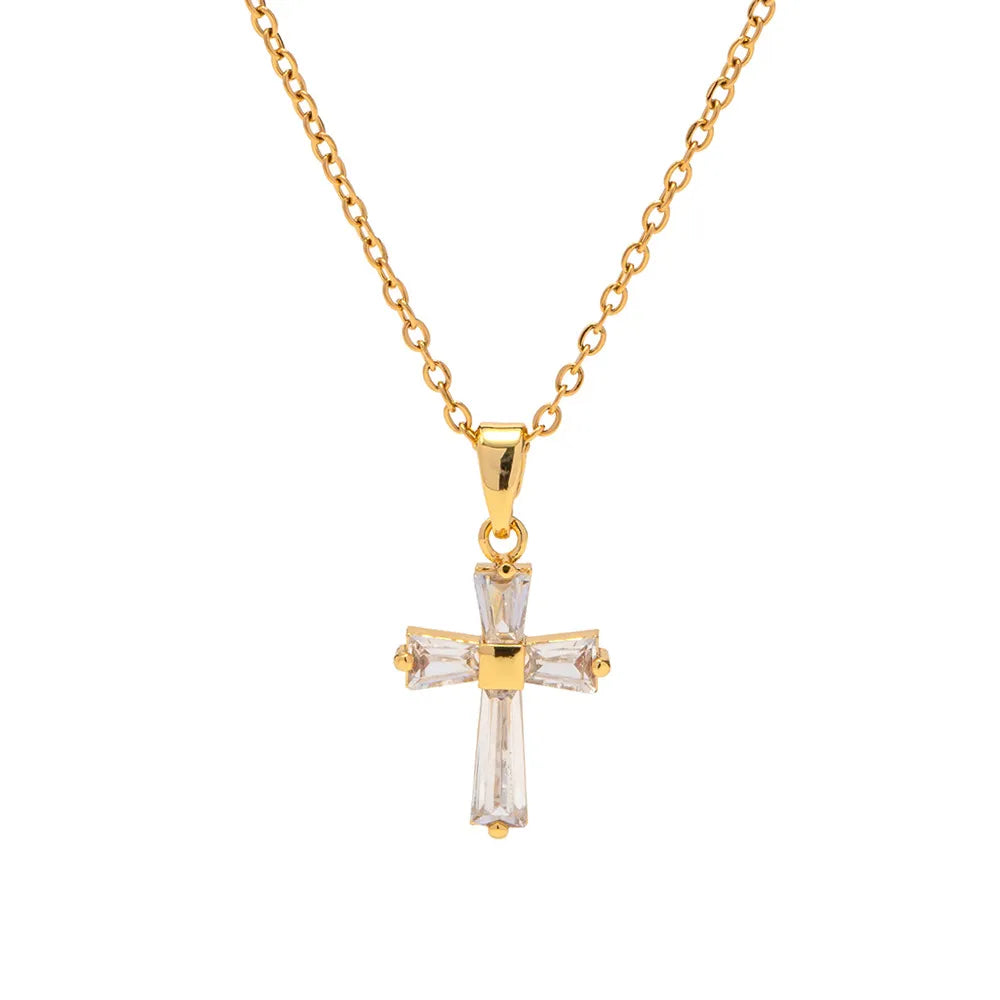 Waterproof Gold Baguette CZ Cross Necklace