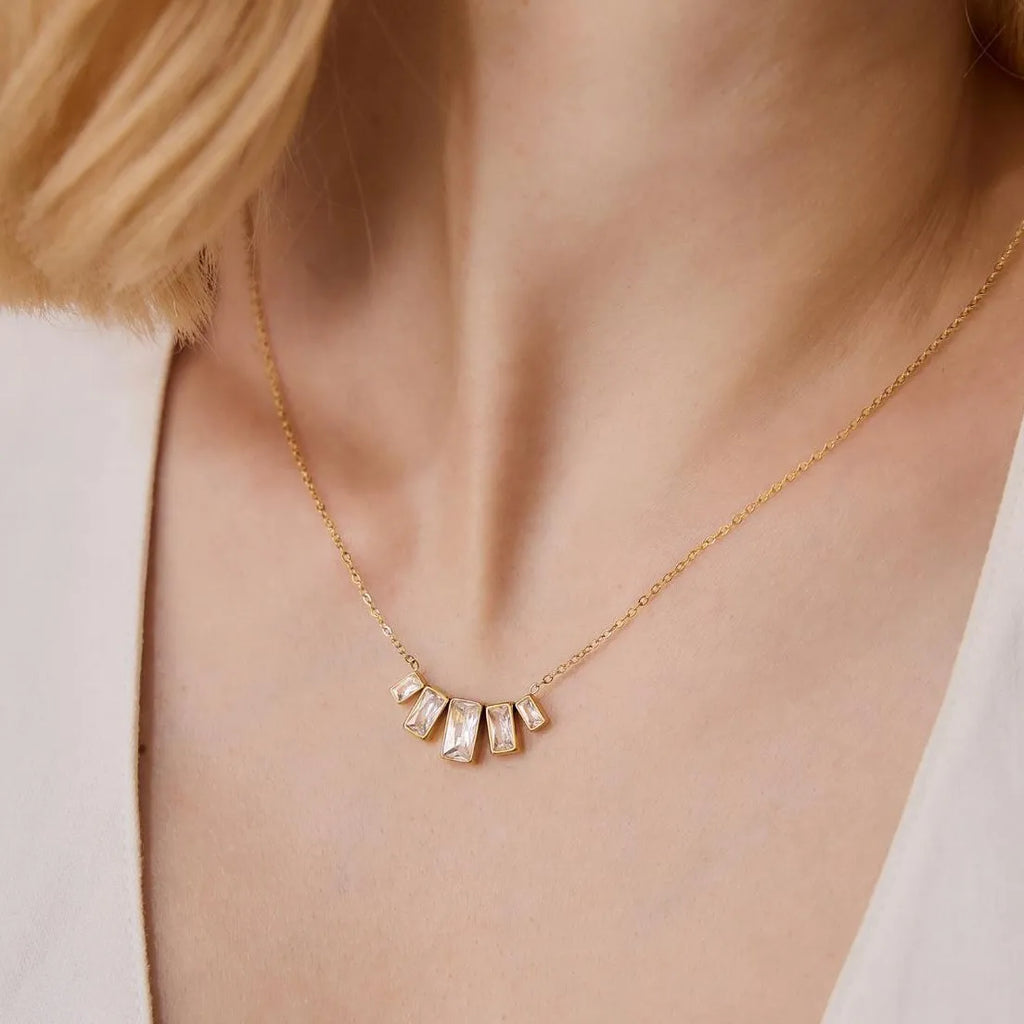 Waterproof Gold Baguette CZ Necklace