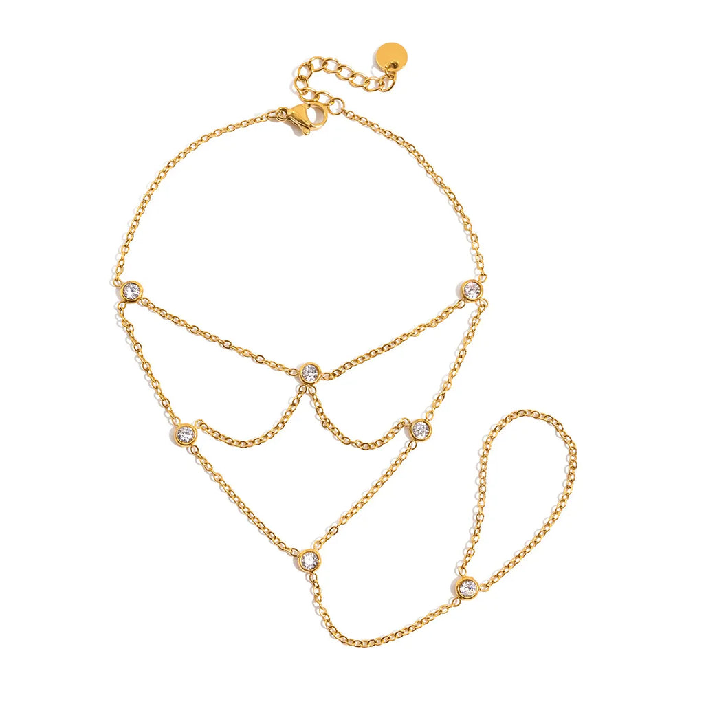 Waterproof CZ Hand Chain Layered Bracelet with Ring
