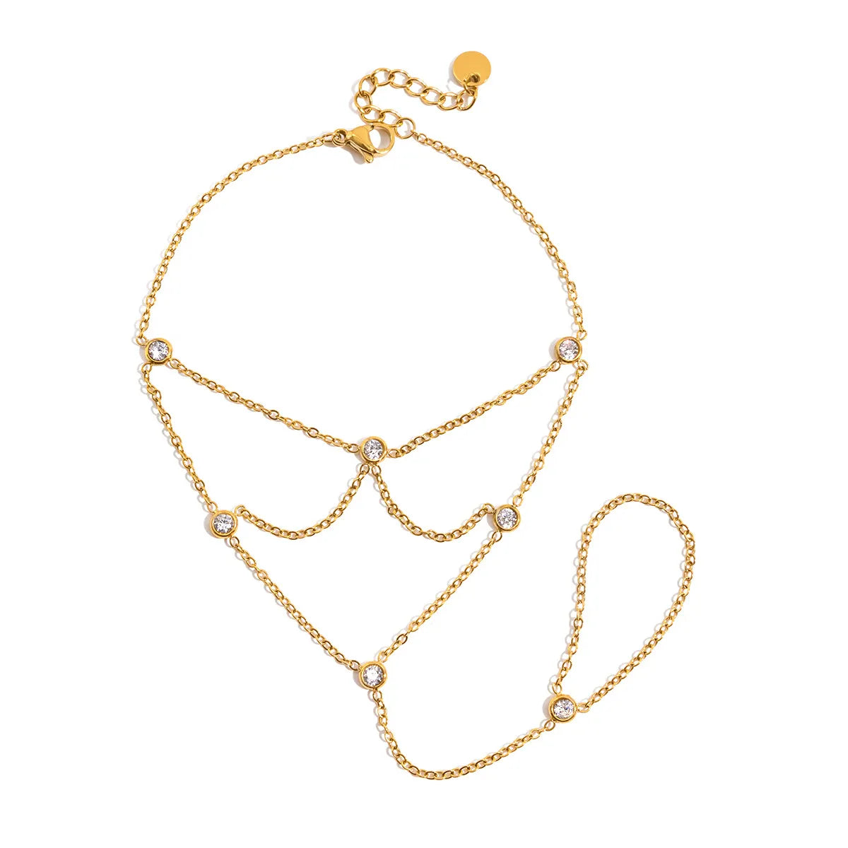 Waterproof CZ Hand Chain Layered Bracelet with Ring
