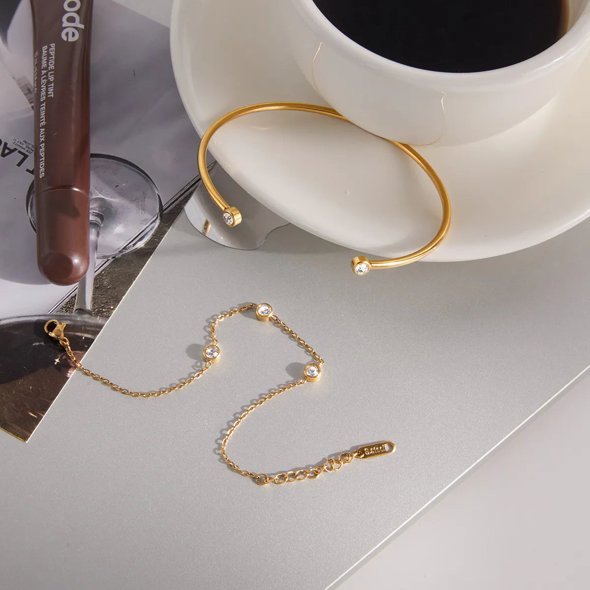 Waterproof Gold Bezel Bangle & Chain CZ Bracelet Set