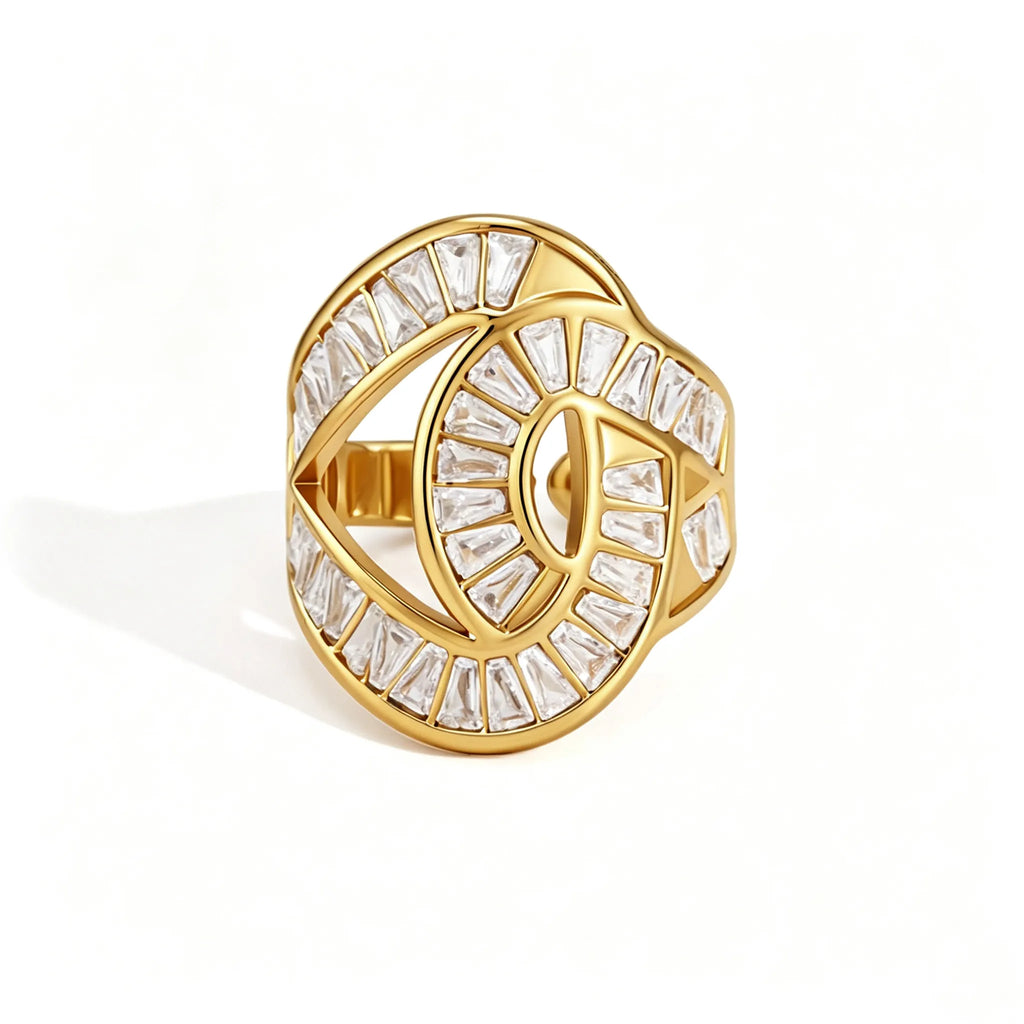 Waterproof Stainless Steel Baguette CZ Statement Rings | Gold Wavy Abstract Open Bands