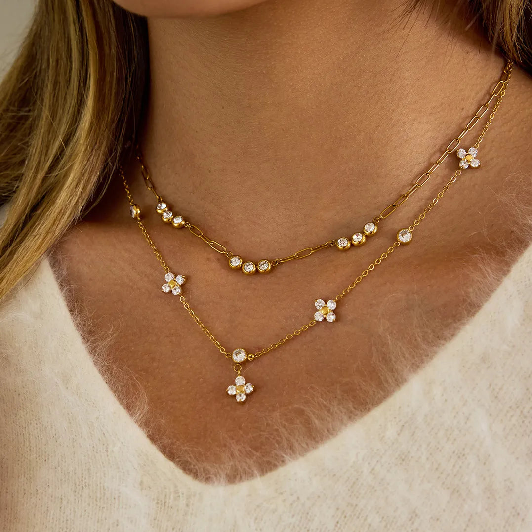 Waterproof Dainty Layering Chain Floral CZ Necklace