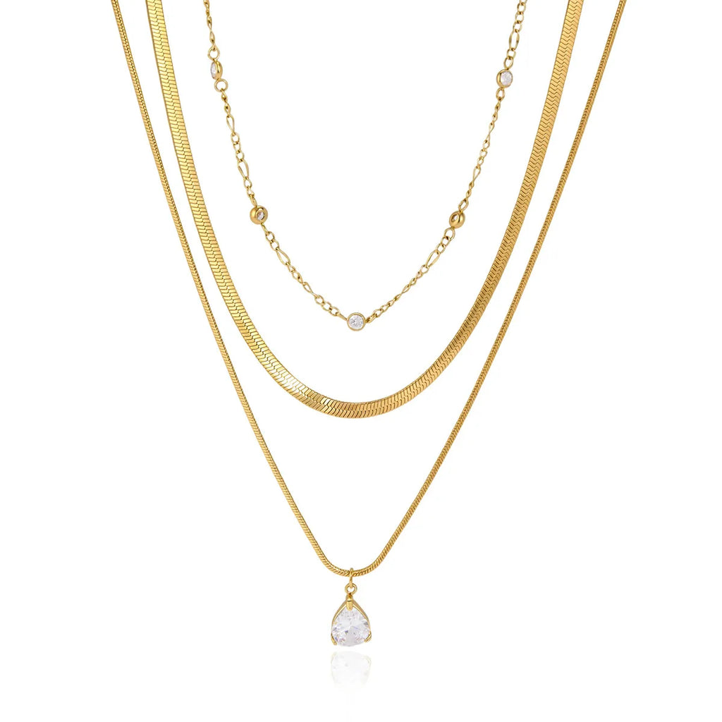 Waterproof Gold Herringbone & CZ Drop Layered Necklace