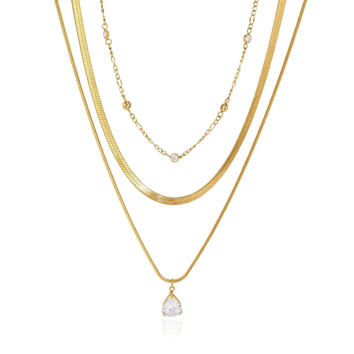 Waterproof Gold Herringbone & CZ Drop Layered Necklace