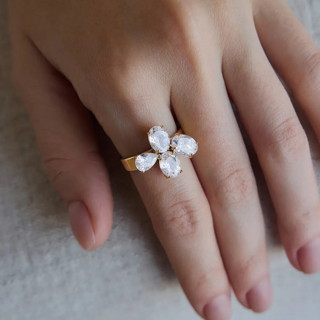 Waterproof Stainless Steel Pear CZ Clover Ring