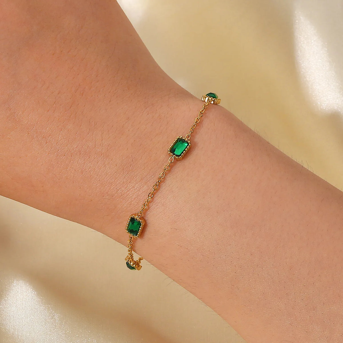 Waterproof Gold Station Chain Green CZ Bracelet