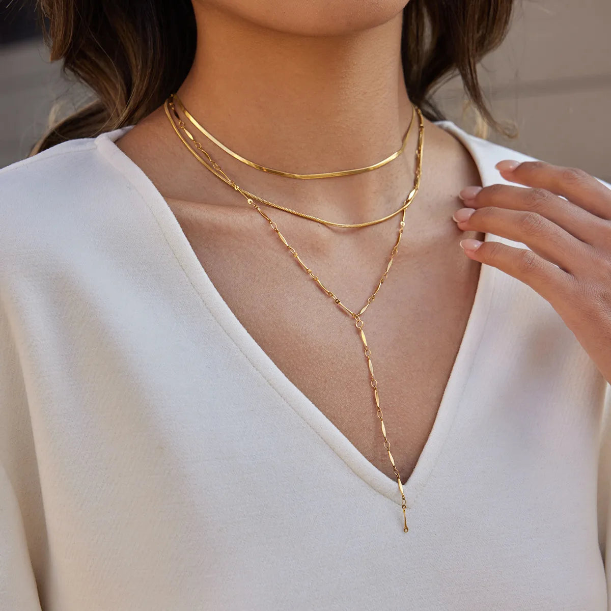 Waterproof Gold Herringbone & Y-Lariat Necklace