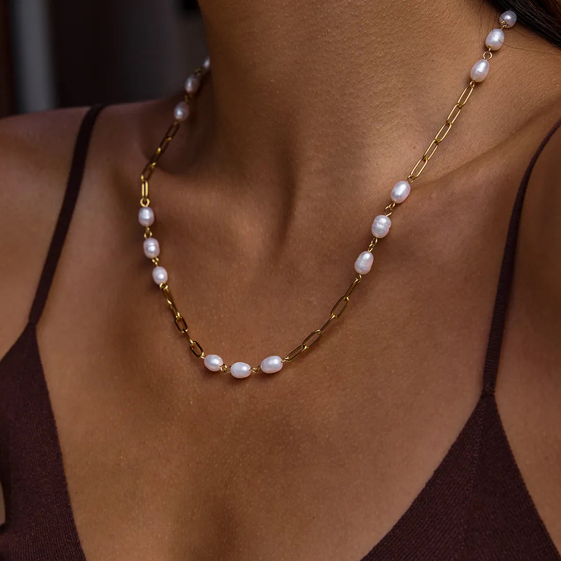 Waterproof Gold Paperclip Chain Pearl Necklace