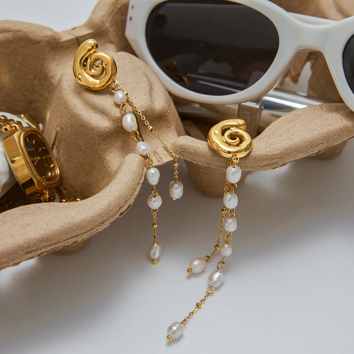 Waterproof Spiral Chain Tassel Pearl Drop Earrings