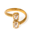 Waterproof Gold Ribbed Open Band Dual CZ Ring