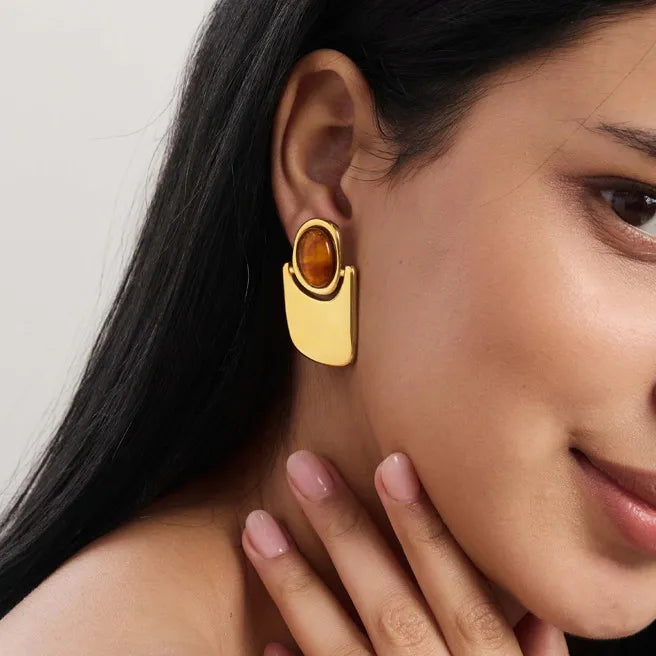 Waterproof Gold Geometric Amber Studs