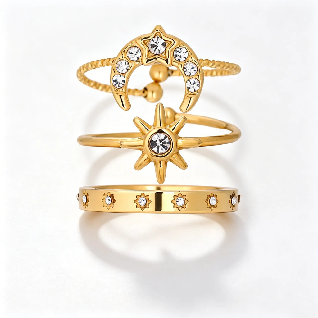 Waterproof 3-Pieces Celestial Stackable Rings