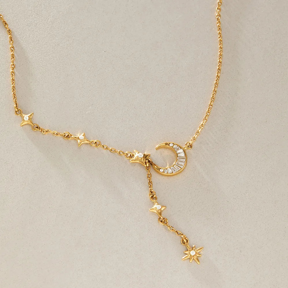 Waterproof Moon & Star Lariat Y-Necklace