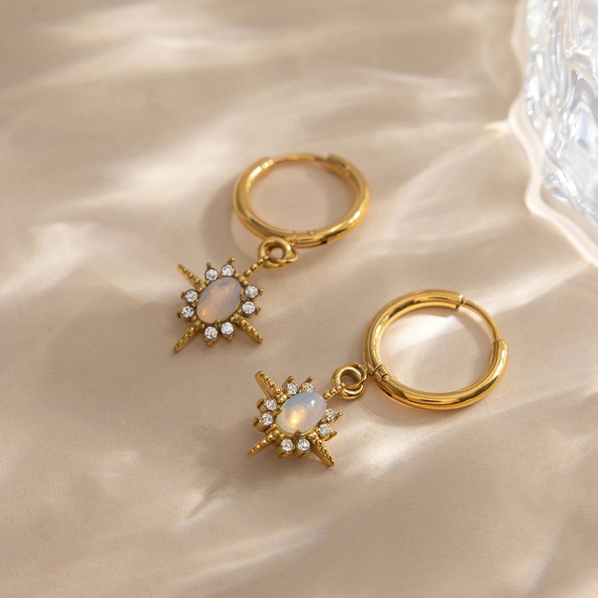 Opal Starburst Drop Huggie Earrings – Waterproof Steel