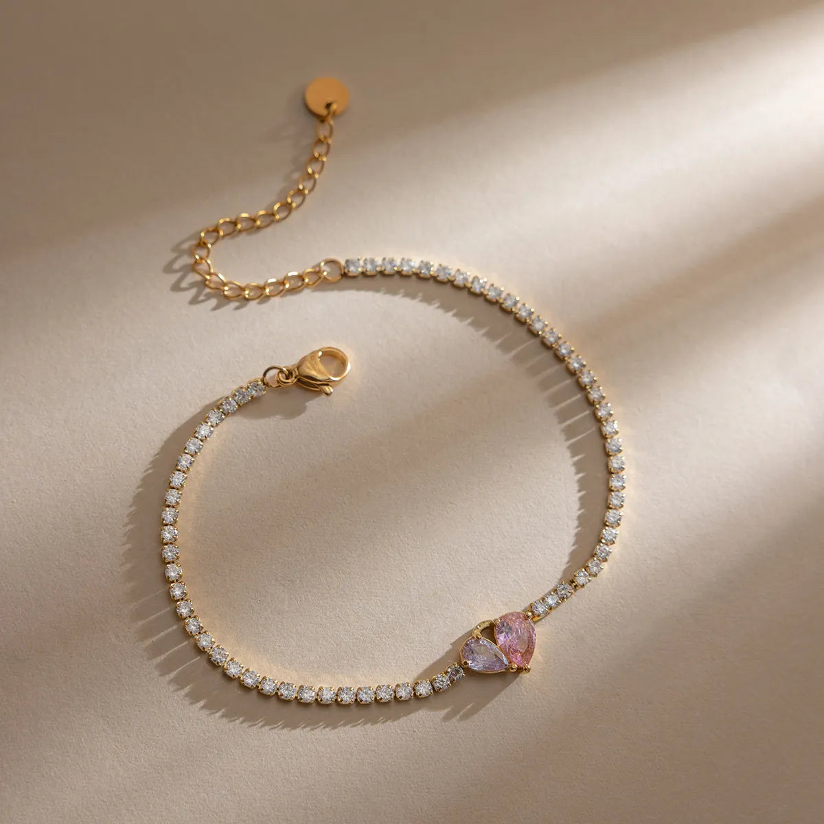 Waterproof Pink CZ Heart Toi et Moi Tennis Bracelet