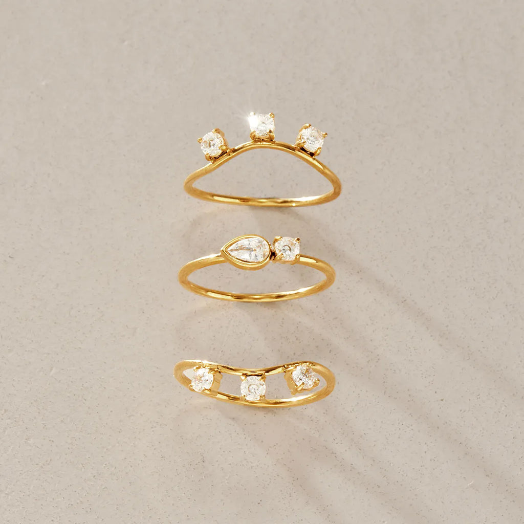 CZ Crown, Pear & Wave Stackable Ring Set – Waterproof 18K Gold