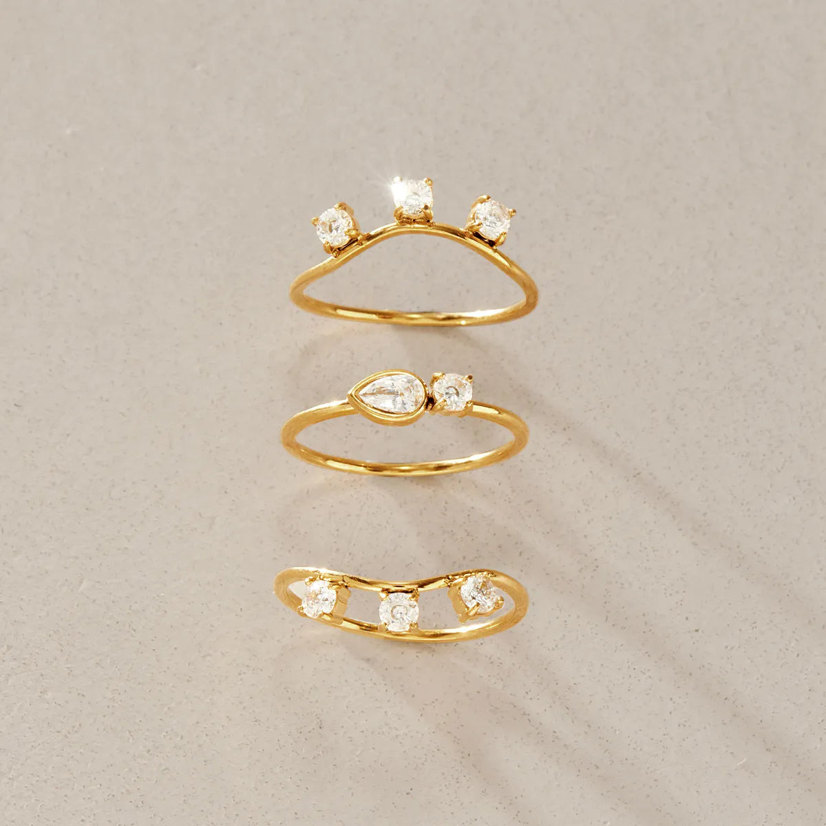 CZ Crown, Pear & Wave Stackable Ring Set – Waterproof 18K Gold