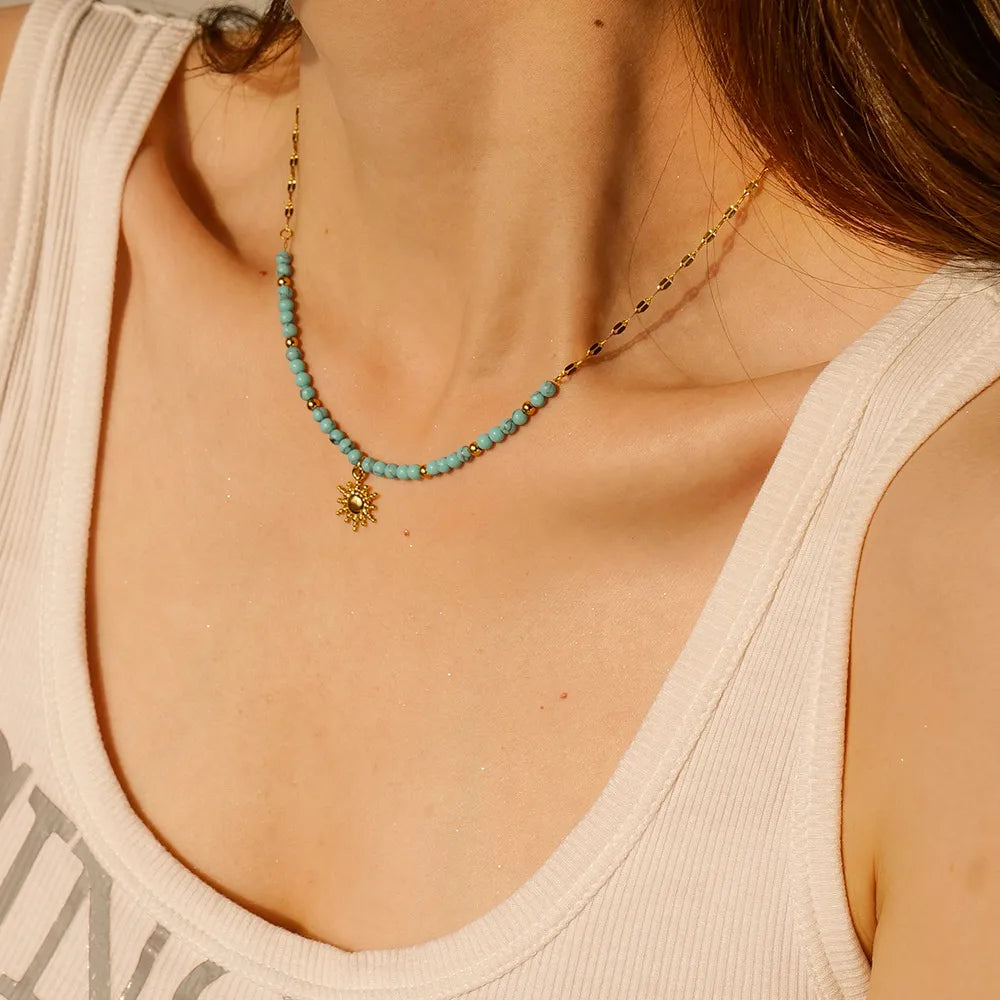 Turquoise Bead Pendant Necklace | Waterproof 18K Gold