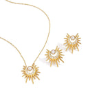 Waterproof Stainless Steel Sunburst Jewelry Set | Gold Pearl & Zirconia Necklace and Earrings