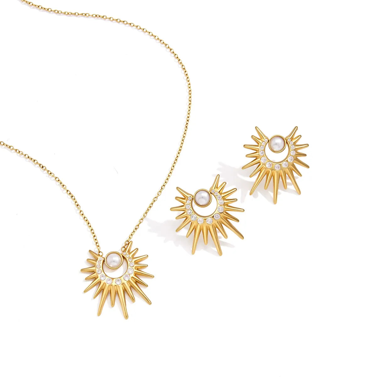 Waterproof Stainless Steel Sunburst Jewelry Set | Gold Pearl & Zirconia Necklace and Earrings