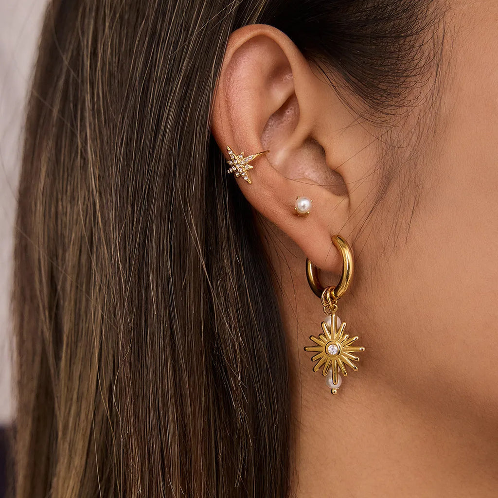 Asymmetric Pearl Sunburst Drop Earrings | Waterproof 18K Gold