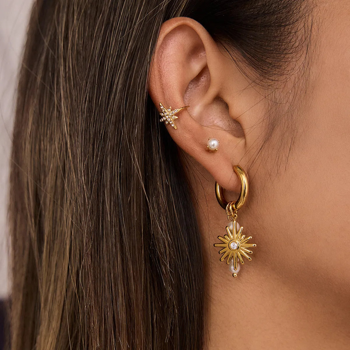 Asymmetric Pearl Sunburst Drop Earrings – Waterproof Steel