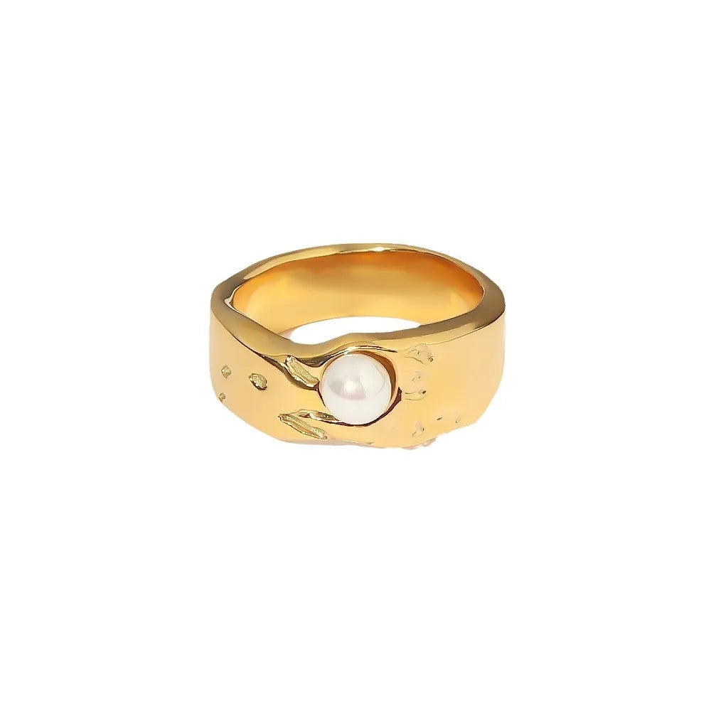 Waterproof Wide Band Pearl Ring