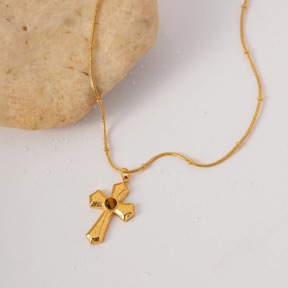 Waterproof Vintage Tiger's Eye Cross Necklace