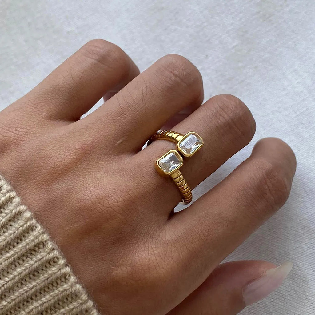 Waterproof Gold Ribbed Open Band Dual CZ Ring