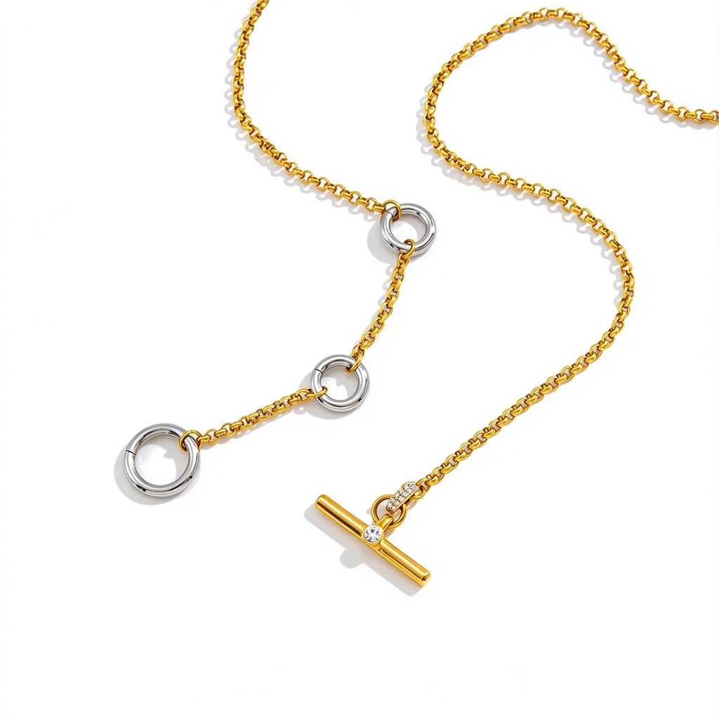 Waterproof Two-Tone T-bar Lariat Necklace