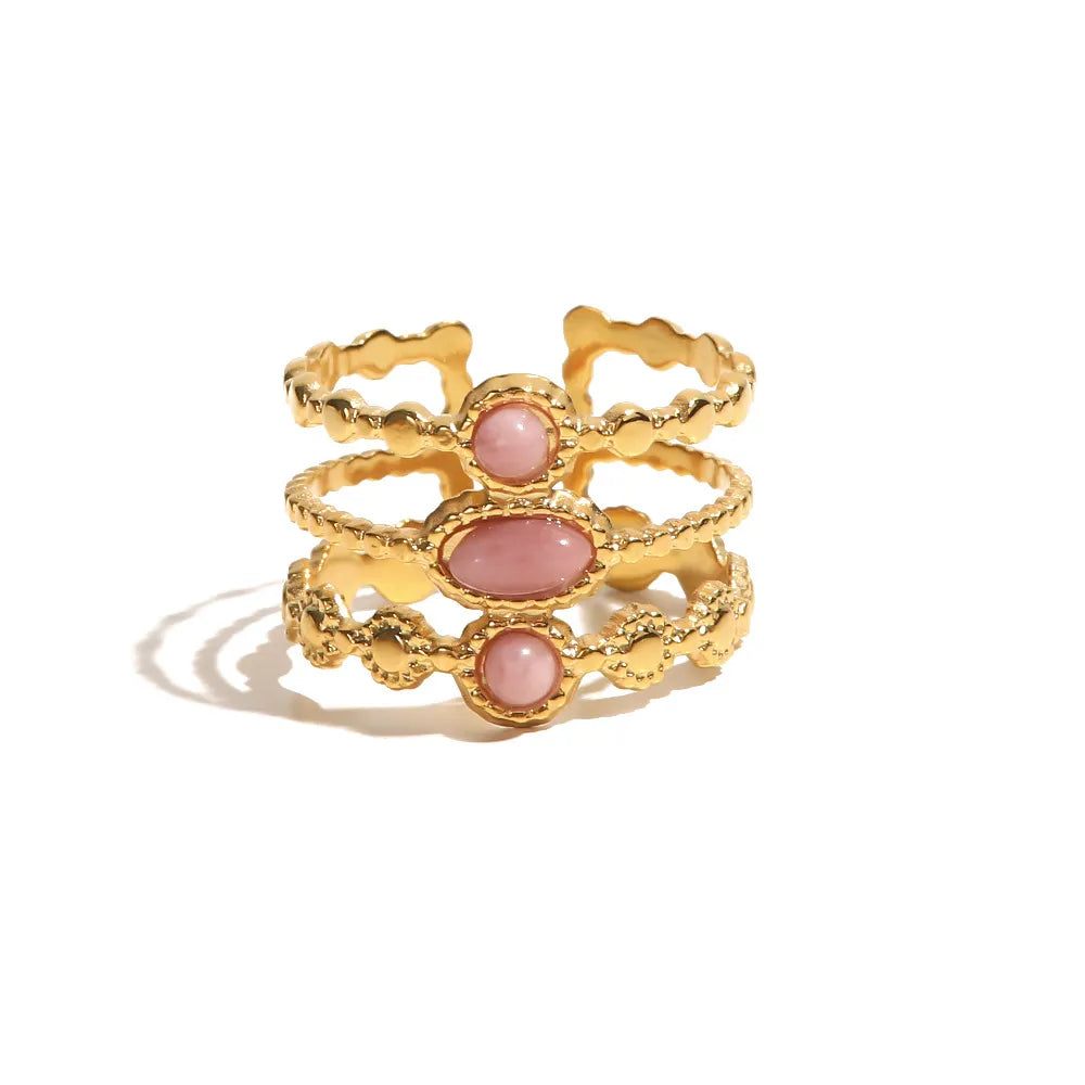 Triple Layer Pink Rhodochrosite Ring – Waterproof 18K Gold