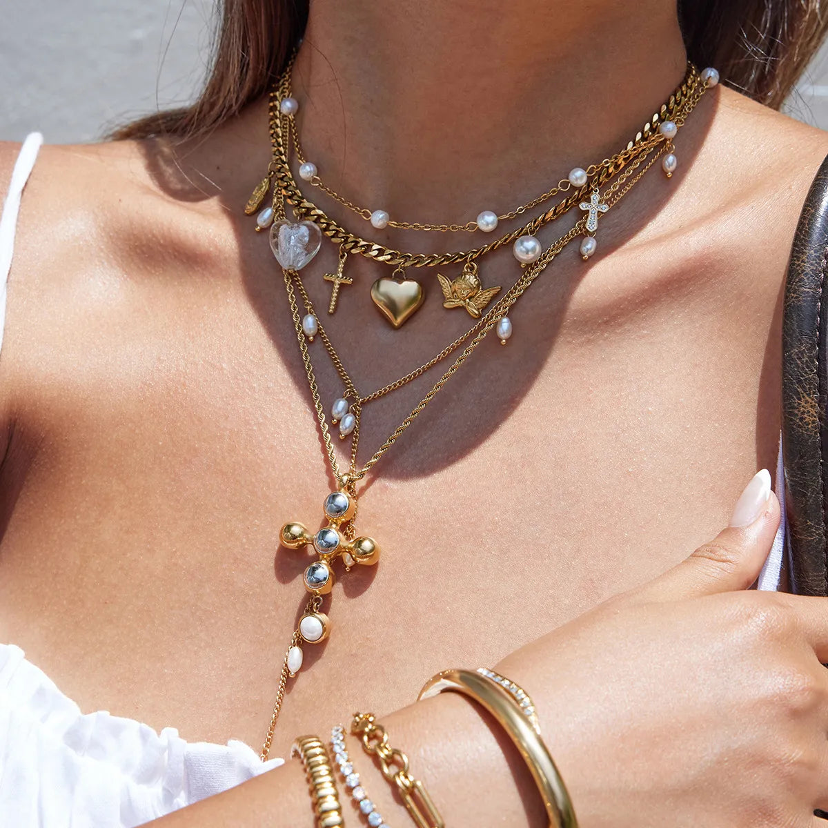 Waterproof Stainless Steel Chunky Charm Necklace | Gold Cross & Heart Layered Chain