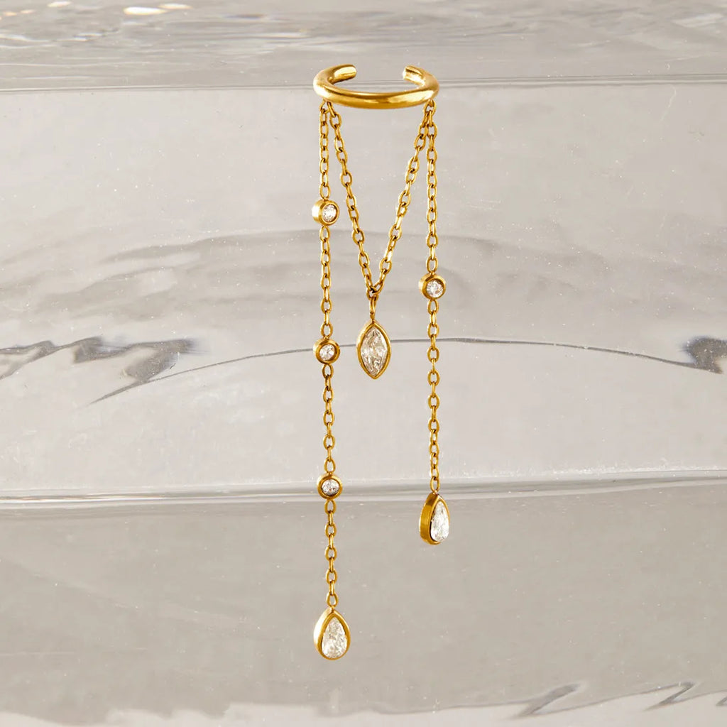 Multi-Chain CZ Dangle Ear Cuff (single)– Waterproof 18K Gold