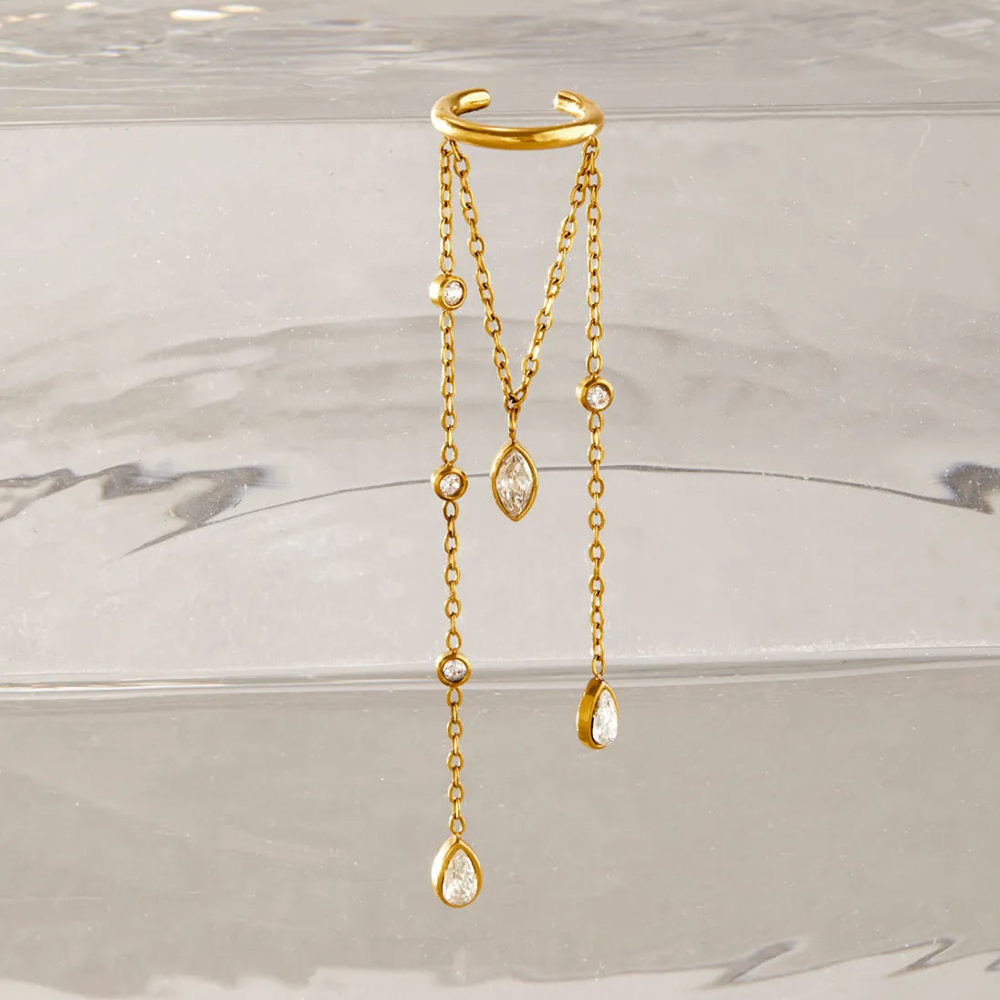 Multi-Chain CZ Dangle Ear Cuff (single)– Waterproof 18K Gold