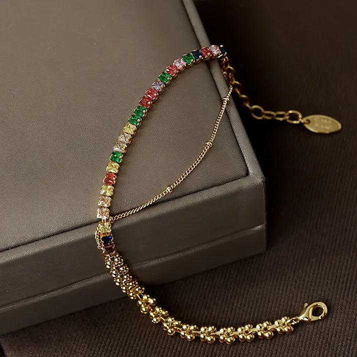 Rainbow CZ Asymmetric Tennis Bracelet – 18K Gold Plated