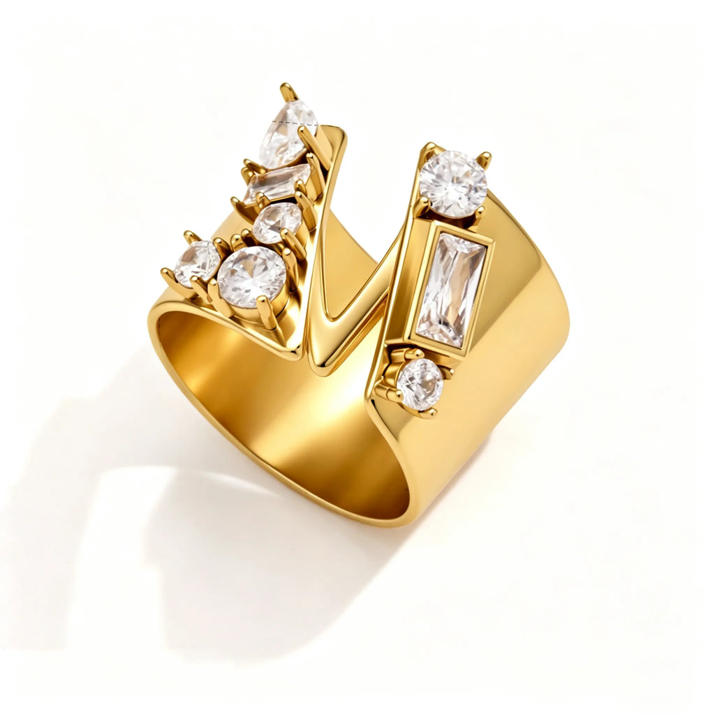 Waterproof Stainless Steel Chunky CZ Statement Ring | Gold Geometric Open Band