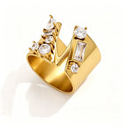Waterproof Stainless Steel Chunky CZ Statement Ring | Gold Geometric Open Band