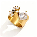 Waterproof Stainless Steel Chunky CZ Statement Ring | Gold Geometric Open Band