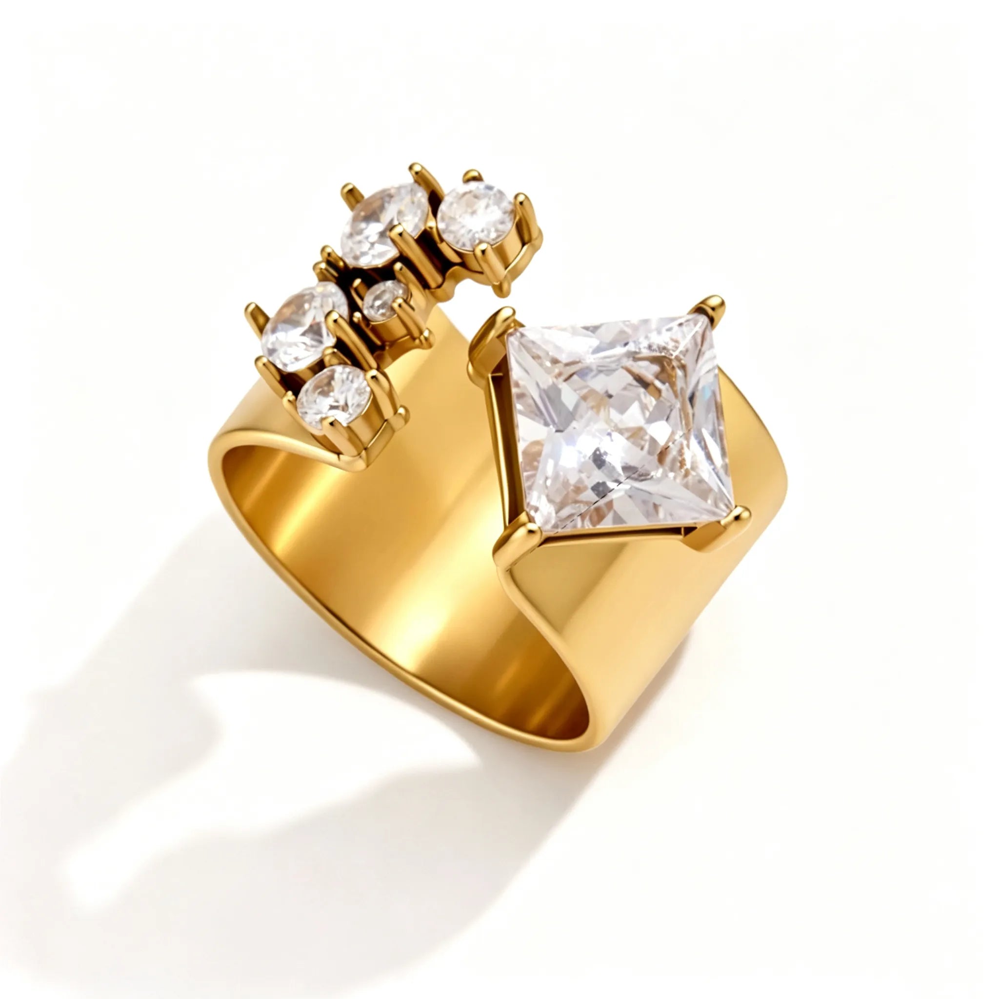 Waterproof Stainless Steel Chunky CZ Statement Ring | Gold Geometric Open Band