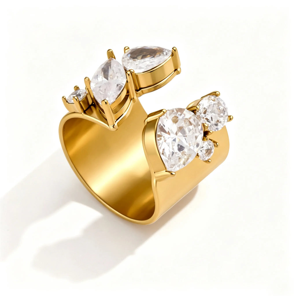 Waterproof Stainless Steel Chunky CZ Statement Ring | Gold Geometric Open Band