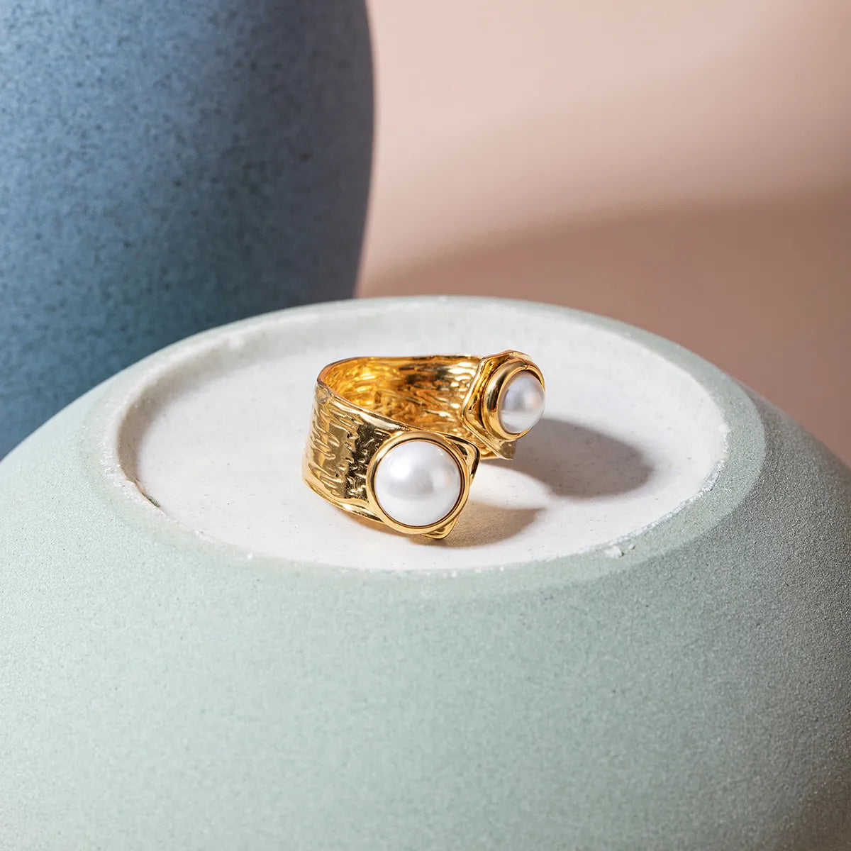 Chunky Textured Pearl Open Ring – Waterproof 18K Gold