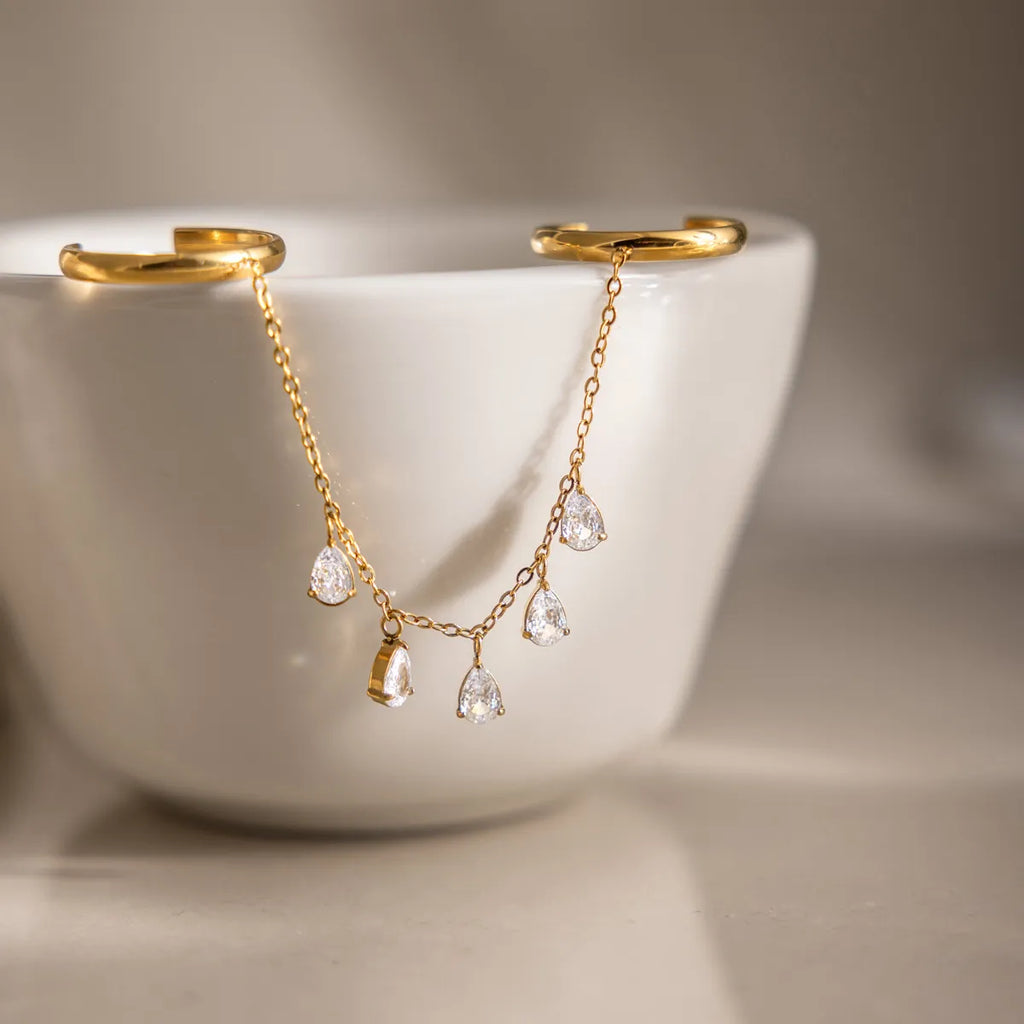 Double Finger Chain Ring with Waterdrop | Waterproof 18K Gold