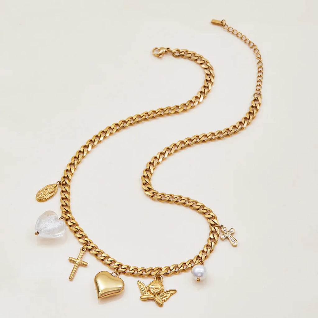 Waterproof Stainless Steel Chunky Charm Necklace | Gold Cross & Heart Layered Chain