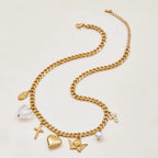 Waterproof Stainless Steel Chunky Charm Necklace | Gold Cross & Heart Layered Chain
