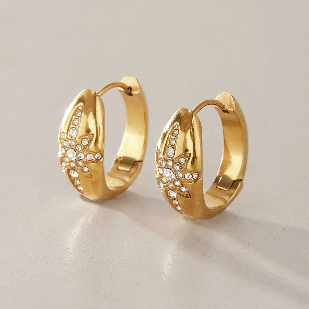 Snowflake Star Huggie Hoop Earrings – Waterproof 18K Gold
