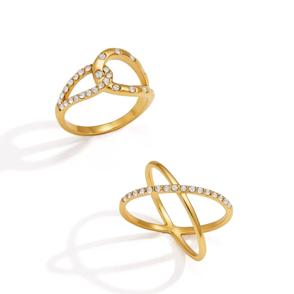 Pavé CZ Crossover & Knot Ring – Waterproof 18K Gold