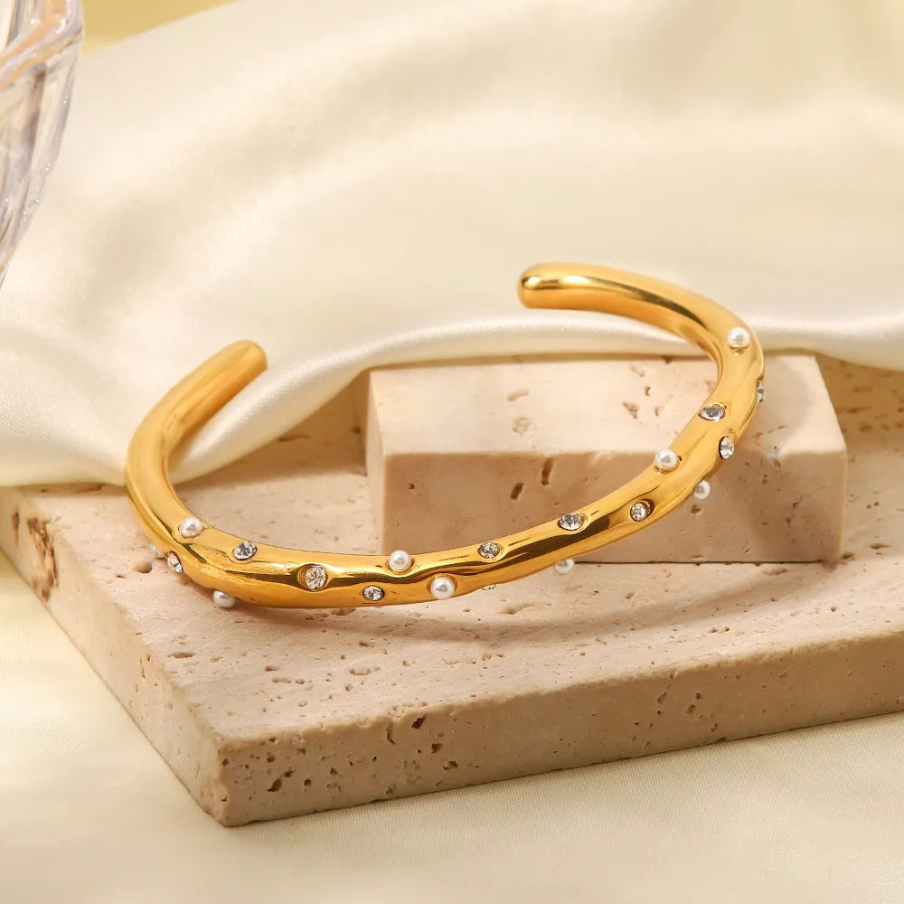 Zirconia & Pearl Wave Cuff Bracelet – Waterproof 18K Gold